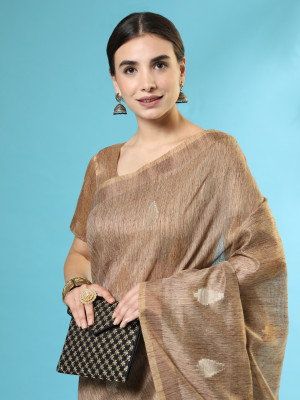 Beige color soft linen silk saree with zari weaving work