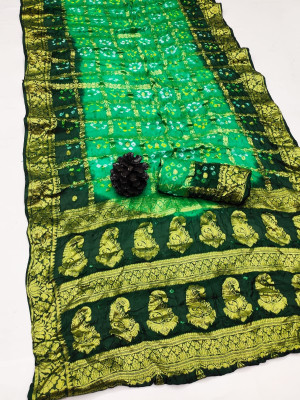 Sea green and dark green color hand bandhej silk saree with zari weaving work