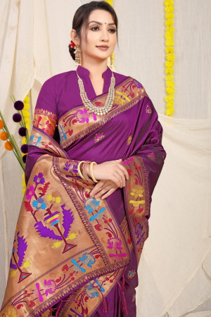 Magenta  color paithani silk saree with golden zari weaving work