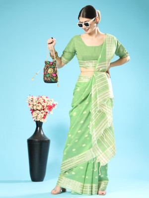 Pista green color chanderi cotton saree with zari weaving work