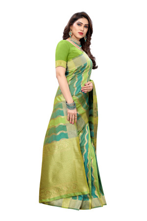 Green color banarasi silk saree with golden zari woven work
