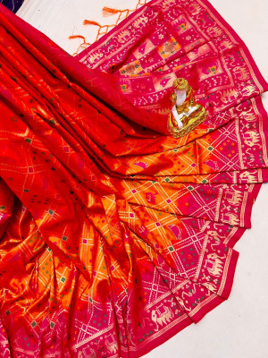 Orange and rani pink color patola silk saree with golden  zari weaving work