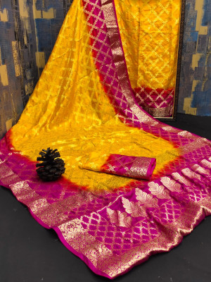 Yellow and pink color soft art silk saree with zari weaving work
