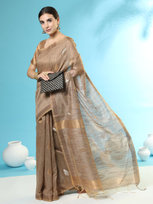 Beige color soft linen silk saree with zari weaving work