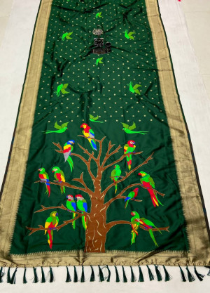 Dark green color Paithani silk saree with golden zari weaving work