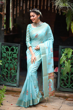 Sea green color linen silk saree with printed work