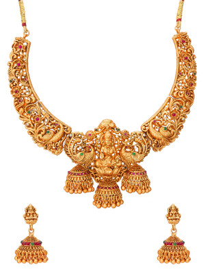Golden Embossed Necklace Set In Temple Style