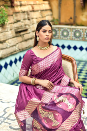 Magenta color linen silk saree with zari woven work