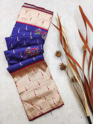 Royal blue color soft paithani silk saree with zari weaving work
