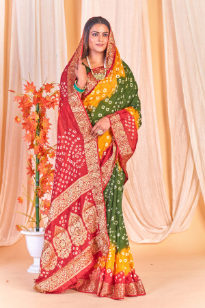 Green color bandhej silk saree with zari weaving work