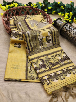Mustard yellow color soft handloom silk saree with woven design