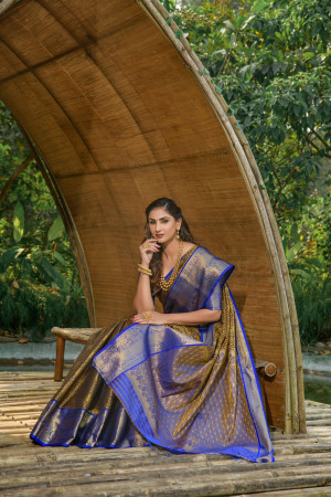 Black and blue color kanchipuram silk saree with zari weaving work