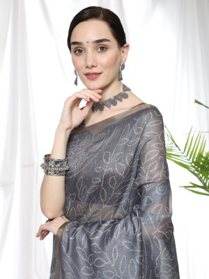 Gray color soft cotton saree with ajrakh printed pallu