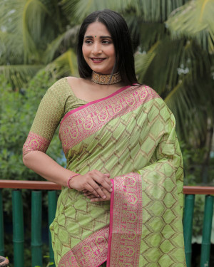 Pista green color linen silk saree with zari weaving work