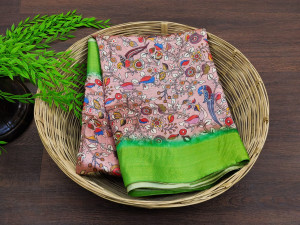 Green and baby pink color linen silk saree with digital printed work