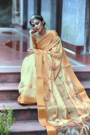 Yellow color linen silk saree with printed work