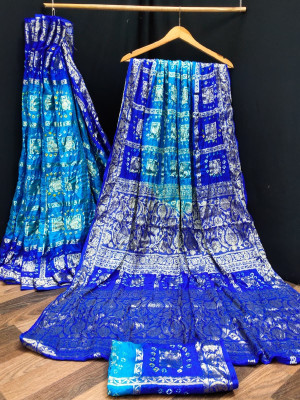 Sky blue and  blue color bandhej silk saree with zari weaving work
