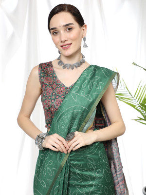 Green color soft cotton saree with ajrakh printed pallu