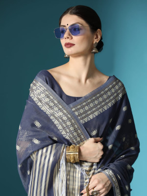 Navy blue color chanderi cotton saree with zari weaving work