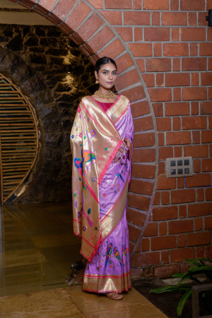 Lavender color paithani silk saree with zari weaving work