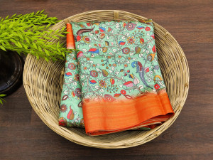 Orange and sea green color linen silk saree with digital printed work