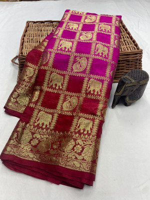Rani pink and red color art silk saree with zari weaving work