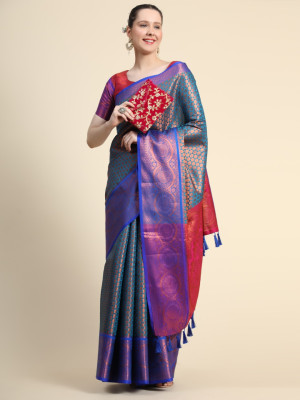 Firoji color kanchipuram silk saree with zari woven work