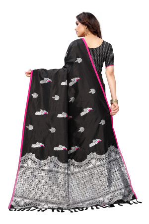 Black color lichi silk saree with silver zari weaving work