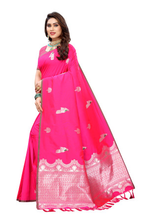 Rani pink color lichi silk saree with silver zari weaving work