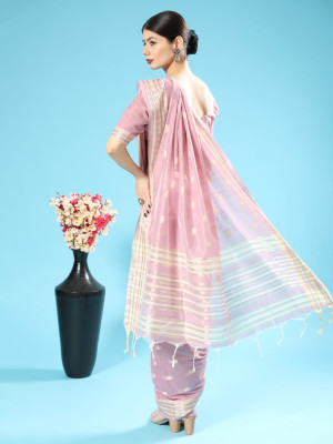 Peach color chanderi cotton saree with zari weaving work