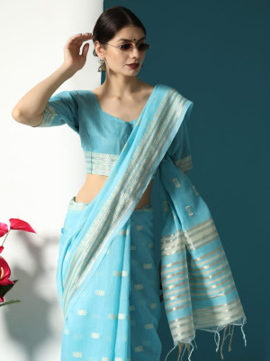 Sky blue color chanderi cotton saree with zari weaving work
