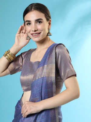 Blue color soft linen silk saree with zari weaving work