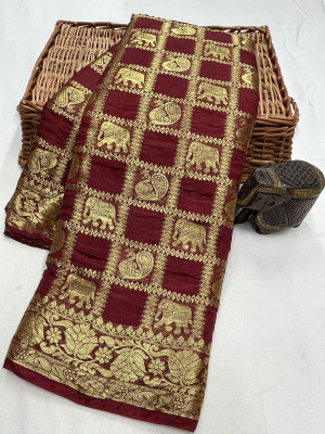 Maroon color art silk saree with zari weaving work