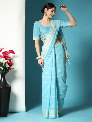Sky blue color chanderi cotton saree with zari weaving work