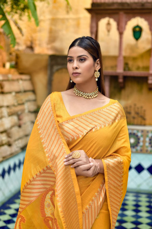 Yellow color linen silk saree with zari woven work