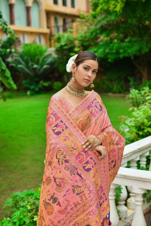 Baby pink color banarasi silk saree with zari weaving work