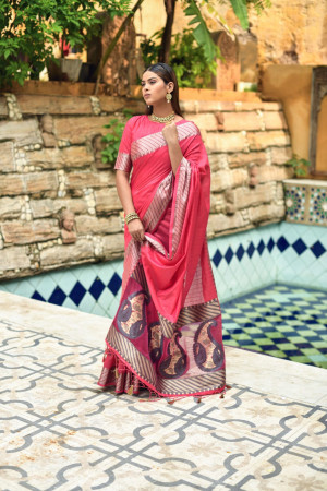 Rani pink color linen silk saree with zari woven work