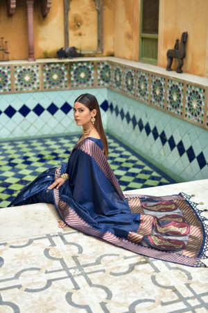 Navy blue color linen silk saree with zari woven work