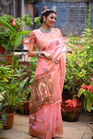 Peach color linen silk saree with printed work