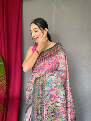 Pink color soft cotton saree with kalamkari printed work