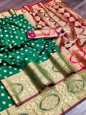 Green color banarasi silk saree with zari woven work