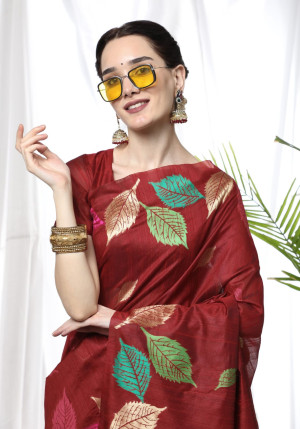 Red color tussar silk saree with zari woven work