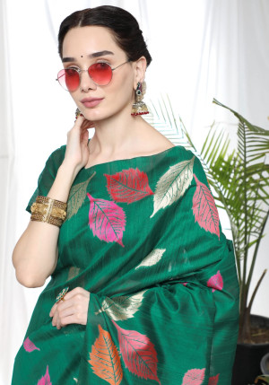 Rama green color tussar silk saree with zari woven work