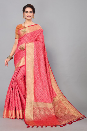 Peach color patola silk saree with golden zari woven work