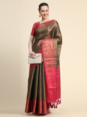 Dark green color kanchipuram silk saree with zari woven work