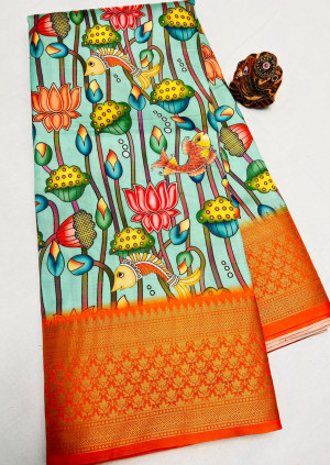 Sea green and orange color fancy silk saree with digital printed work