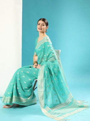 Sea green color chanderi cotton saree with zari weaving work
