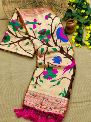Rani pink color paithani  silk saree with zari weaving work