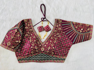 Embroidery copper zari with sequence blouse wine color