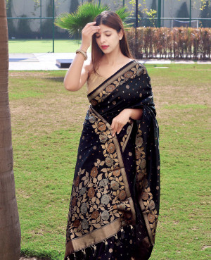 Black color soft banarasi silk saree with zari weaving work